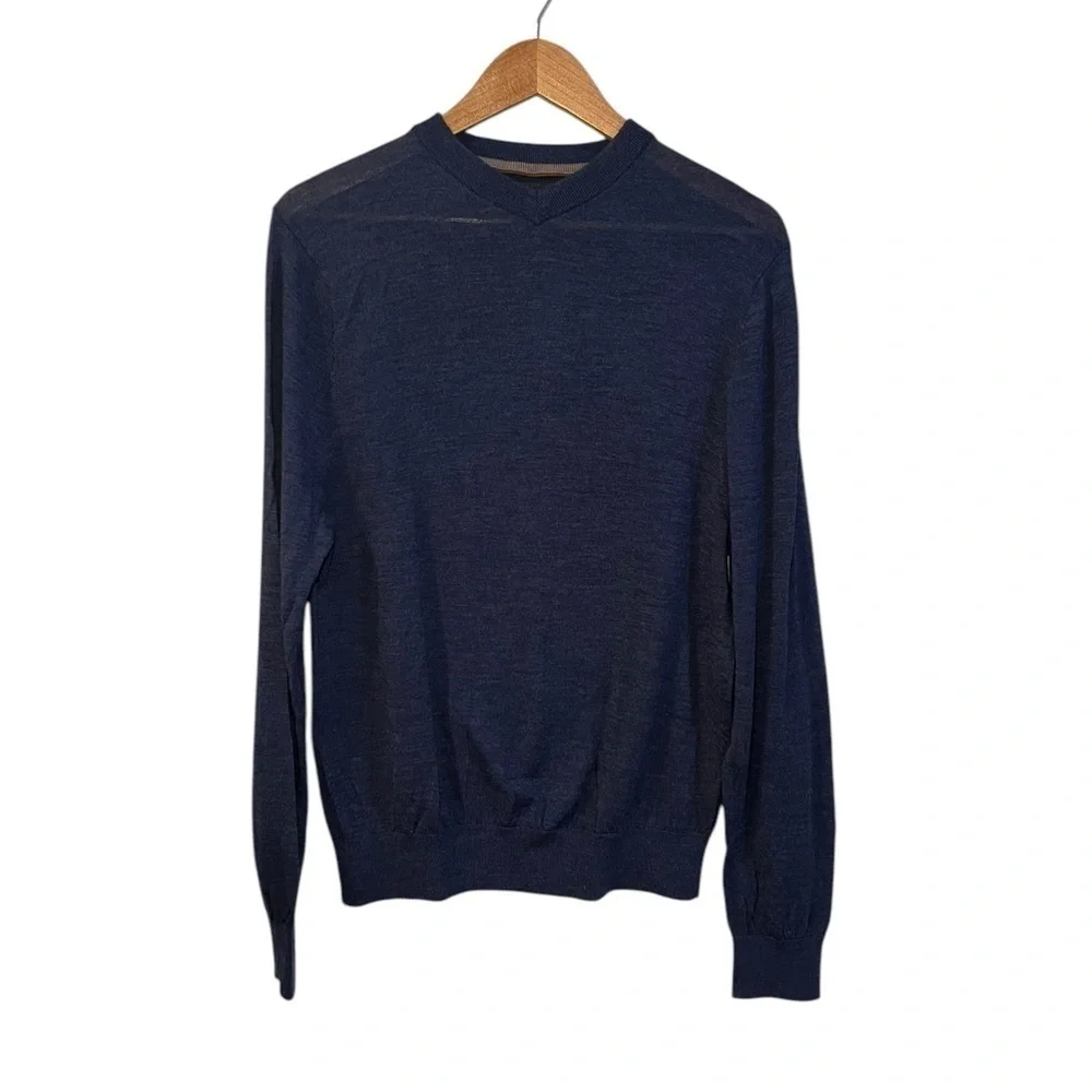 Jon Randall Collection Men's 100% Fine Merino Wool Sweater Blue V Neck Medium M